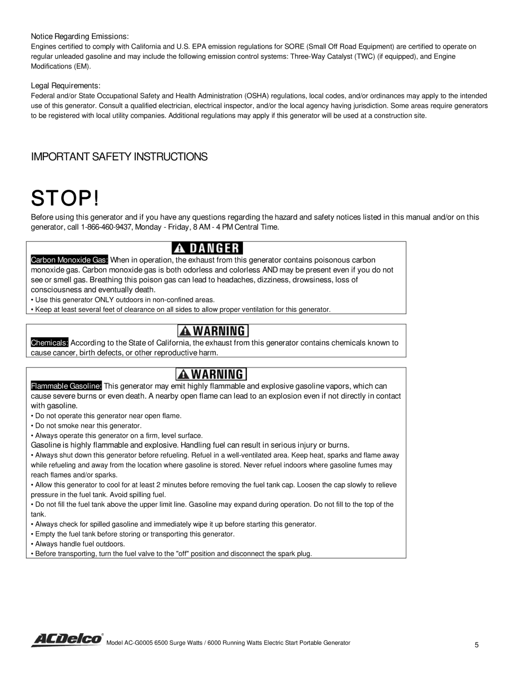 ACDelco AC-G0005 instruction manual Important Safety Instructions, Legal Requirements 