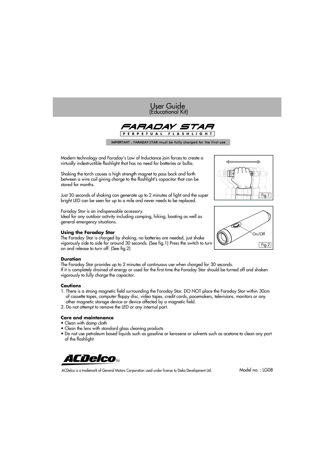 ACDelco LG08 manual User Guide, Educational Kit, Using the Faraday Star, Duration, Care and maintenance 