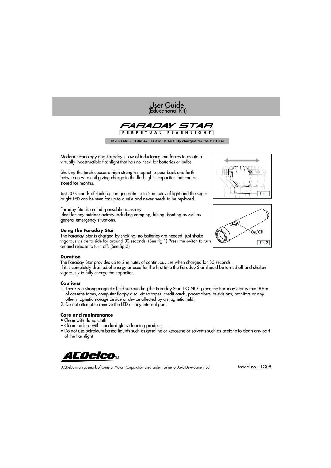 ACDelco LG08 manual Educational Kit, User Guide, Using the Faraday Star, Duration, Cautions, Care and maintenance 