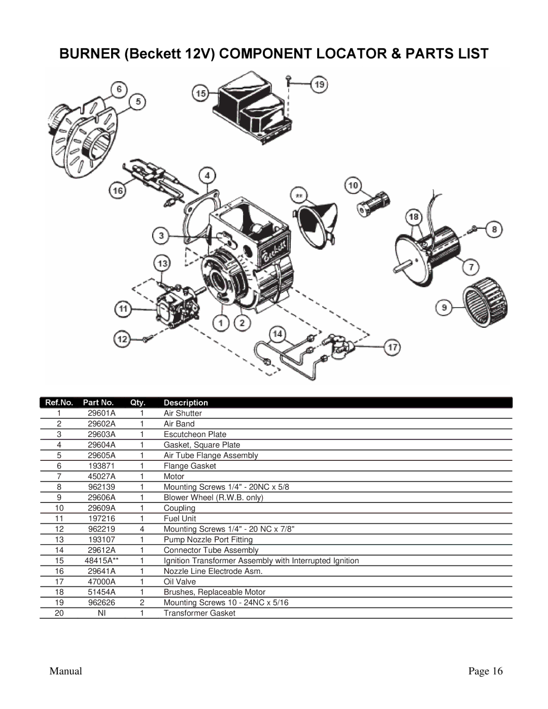 ACDelco PN 09301 A manual Burner Beckett 12V Component Locator & Parts List 