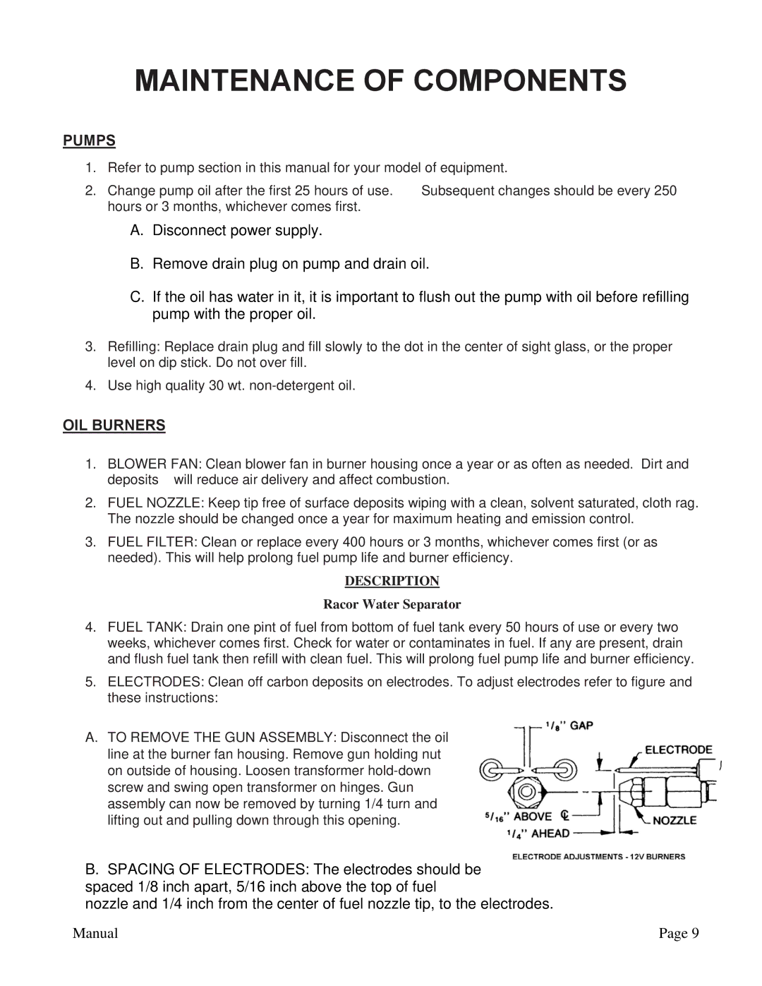 ACDelco PN 09301 A manual Maintenance of Components, Pumps, OIL Burners 