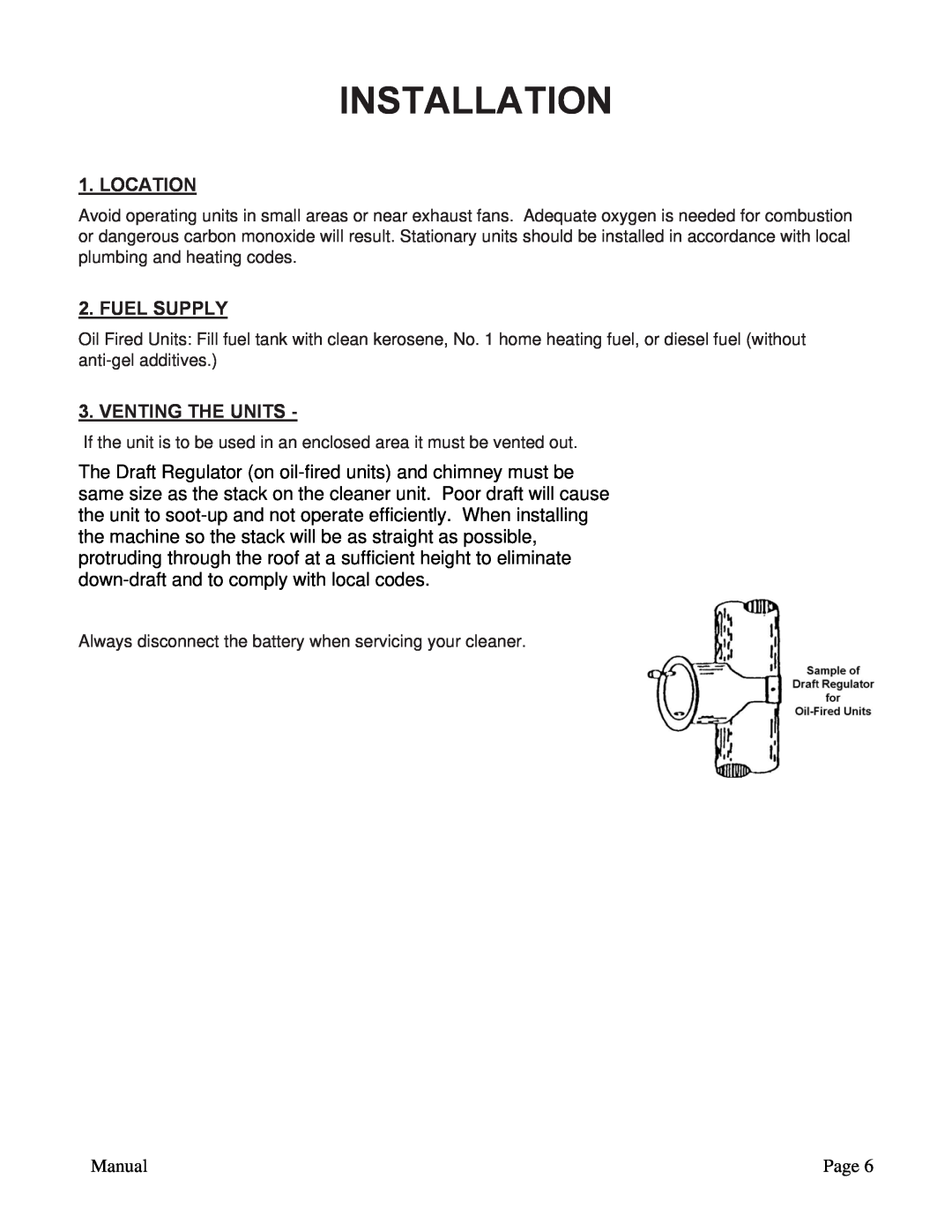 ACDelco PN 09301 A manual Installation, Location, Fuel Supply, Venting The Units 