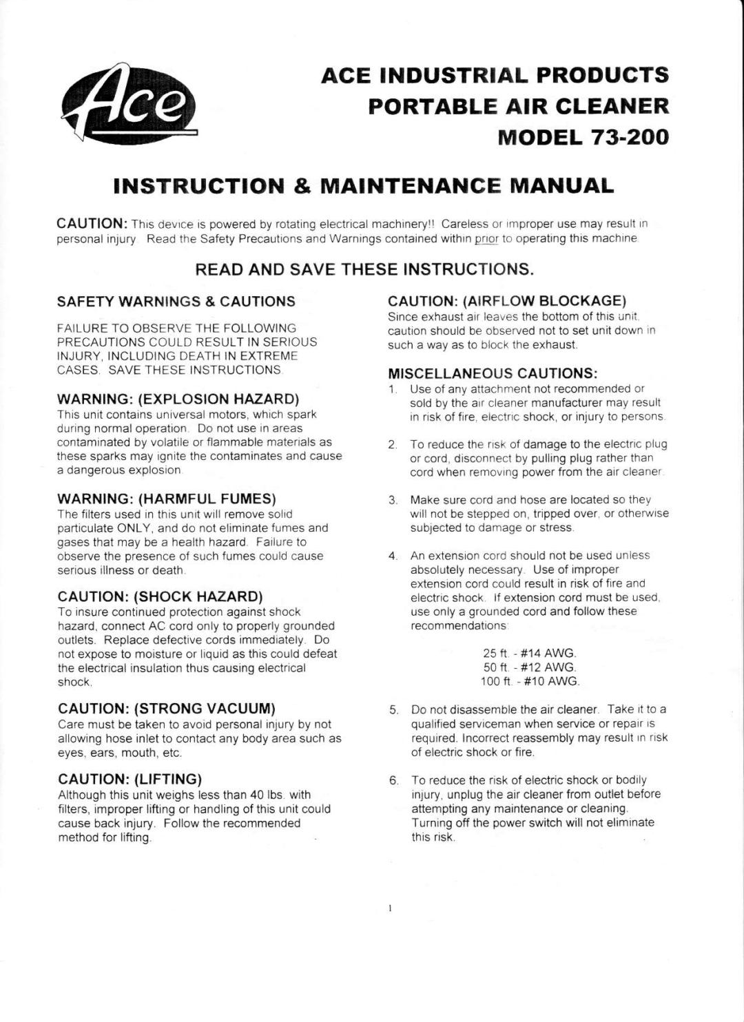 Ace 73-100 manual ACE Industrial Products Portableair Cleaner 