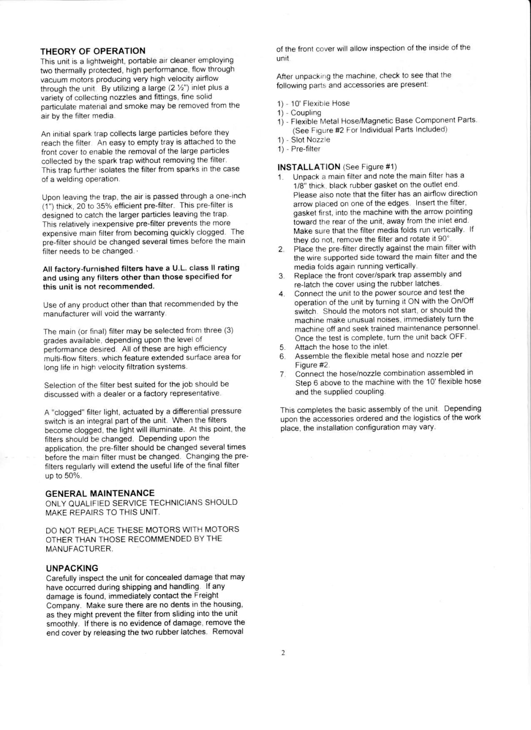 Ace 73-100 manual Unpacking, Theory of Operation 