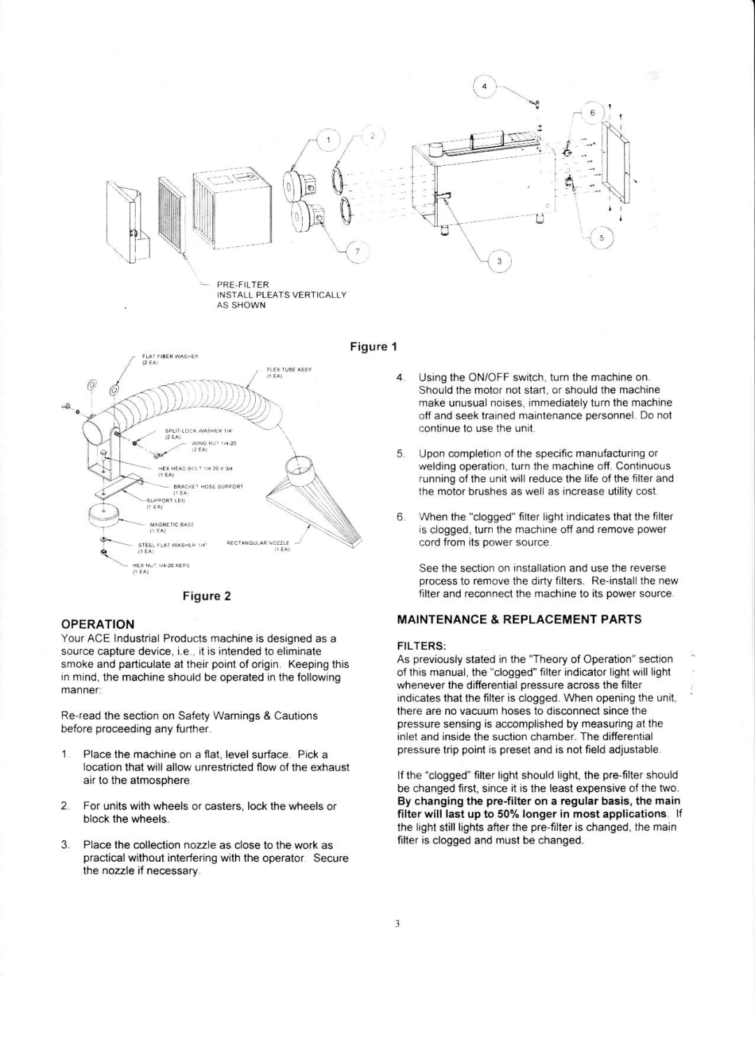 Ace 73-100 manual Operation, MAINTENANCE& Replacementparts Filters 