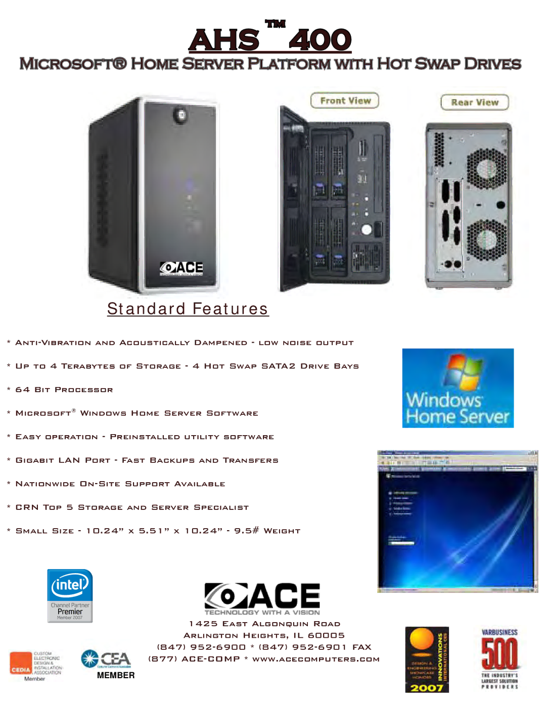 Ace AHS 400 manual Ahs, Standard Features 