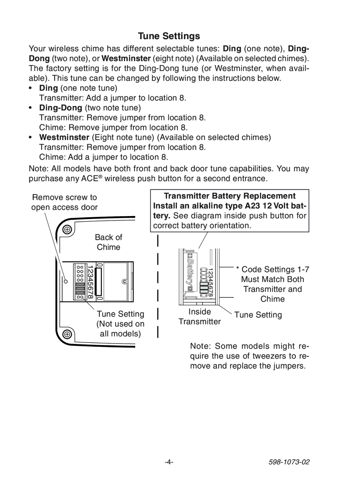 Ace Hardware 3003530 (AC-6168) manual Tune Settings 