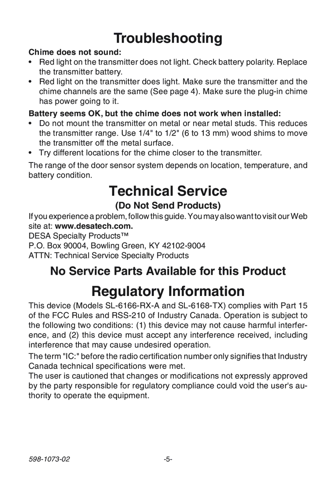 Ace Hardware 3003530 (AC-6168) manual Troubleshooting, Technical Service, Regulatory Information, Do Not Send Products 