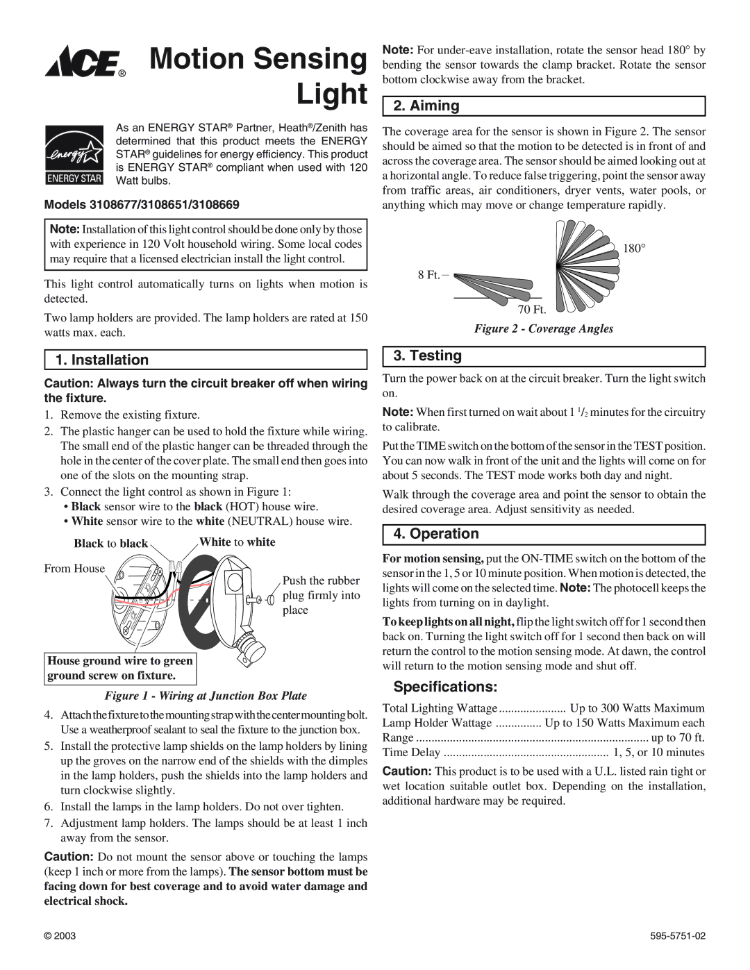 Ace Hardware 3108669, 3108651, 3108677 specifications Aiming, Installation, Testing, Operation, Specifications 