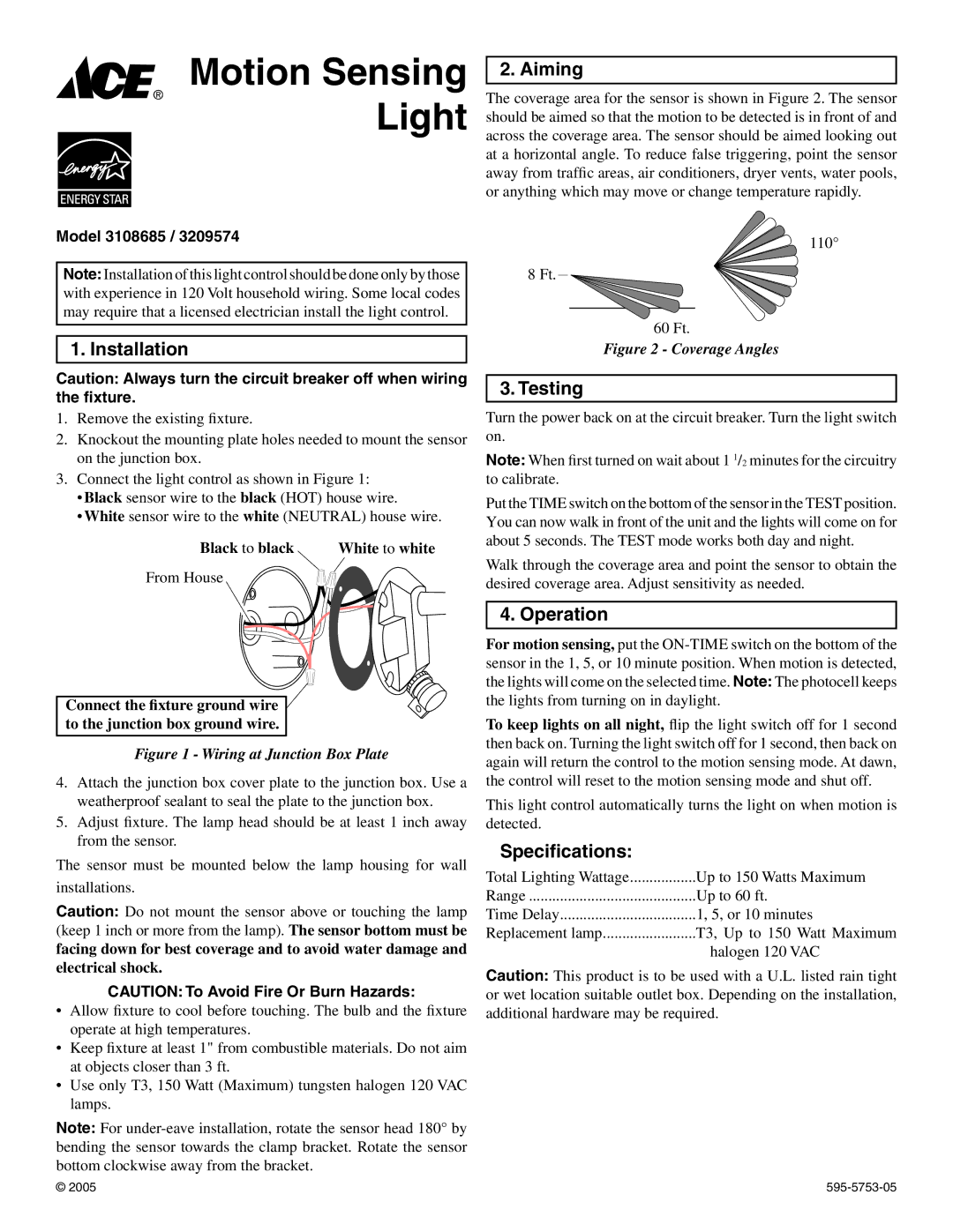 Ace Hardware 3209574, 3108685 specifications Aiming, Installation, Testing, Operation, Speciﬁcations 