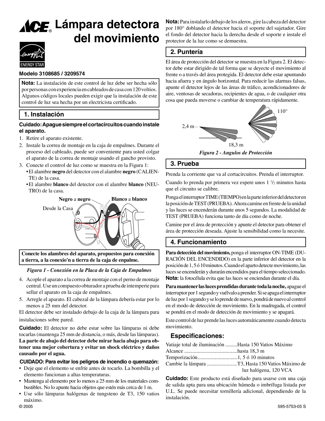 Ace Hardware 3108685, 3209574 specifications Lámpara detectora, Del movimiento 