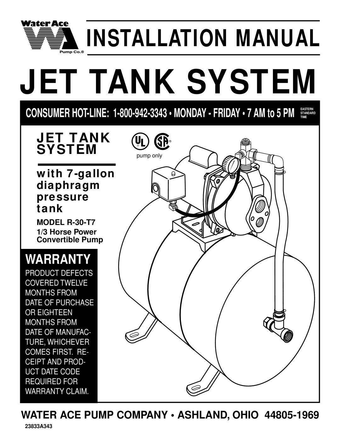 Ace Hardware R-30-T7 installation manual JET Tank System, 23833A343 