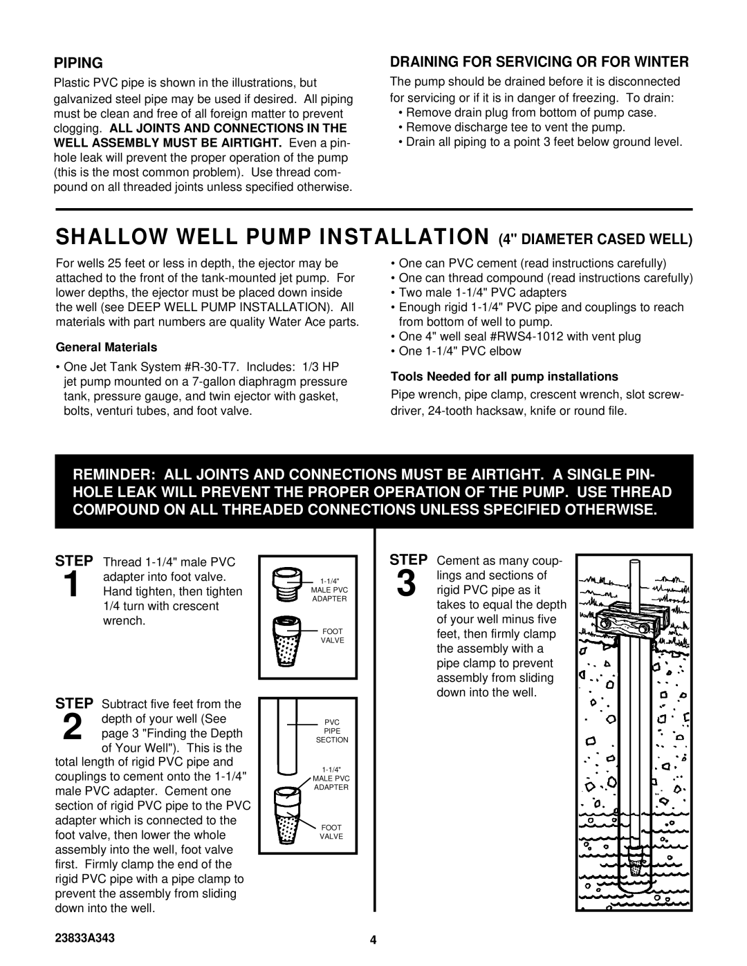 Ace Hardware R-30-T7 Shallow Well Pump Installation 4 Diameter Cased Well, Piping, Draining for Servicing or for Winter 