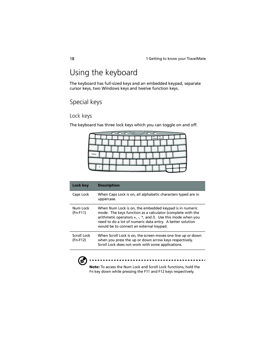 Acer 100 Series manual Using the keyboard, Special keys, Lock keys, Lock key Description 