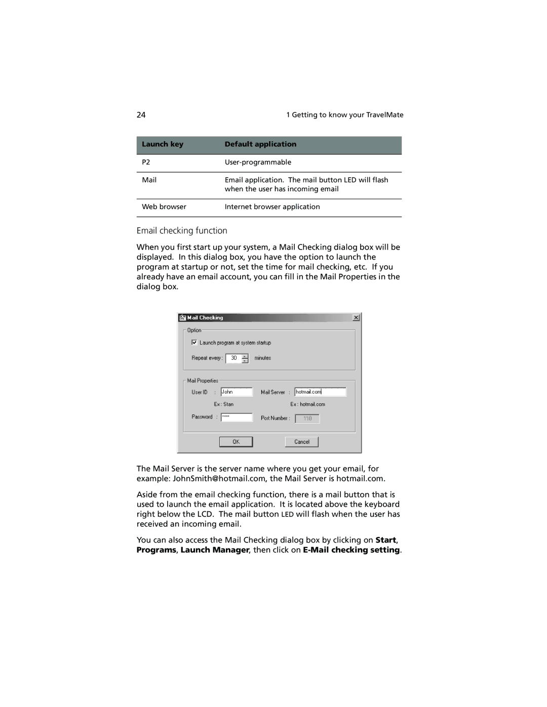 Acer 100 Series manual Email checking function 