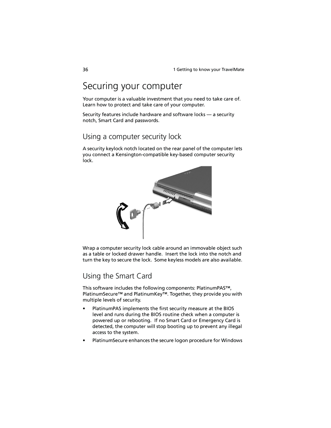 Acer 100 Series manual Securing your computer, Using a computer security lock, Using the Smart Card 