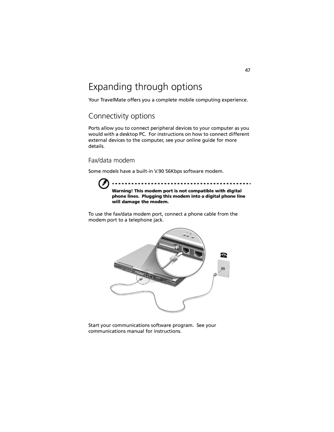 Acer 100 Series manual Expanding through options, Connectivity options, Fax/data modem 