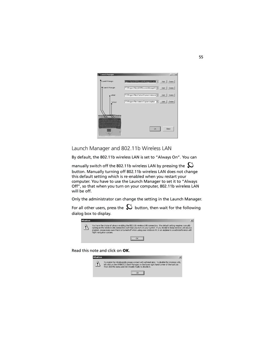 Acer 100 Series manual Launch Manager and 802.11b Wireless LAN 