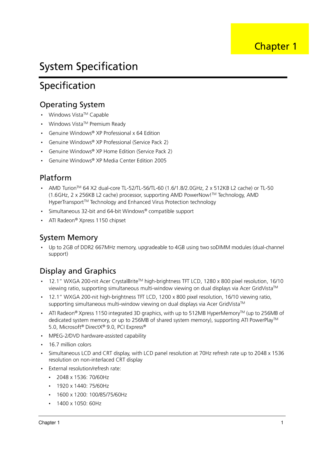 Acer 1000 manual Chapter, Specification 