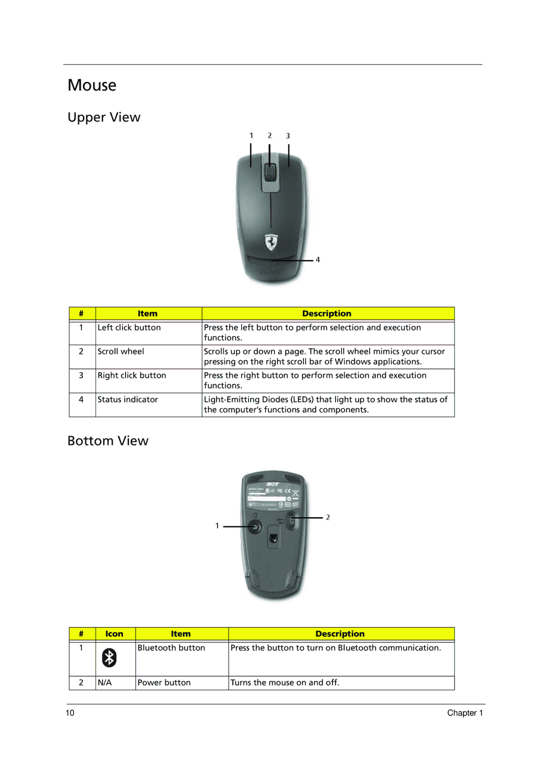 Acer 1000 manual Mouse, Upper View, Bottom View 