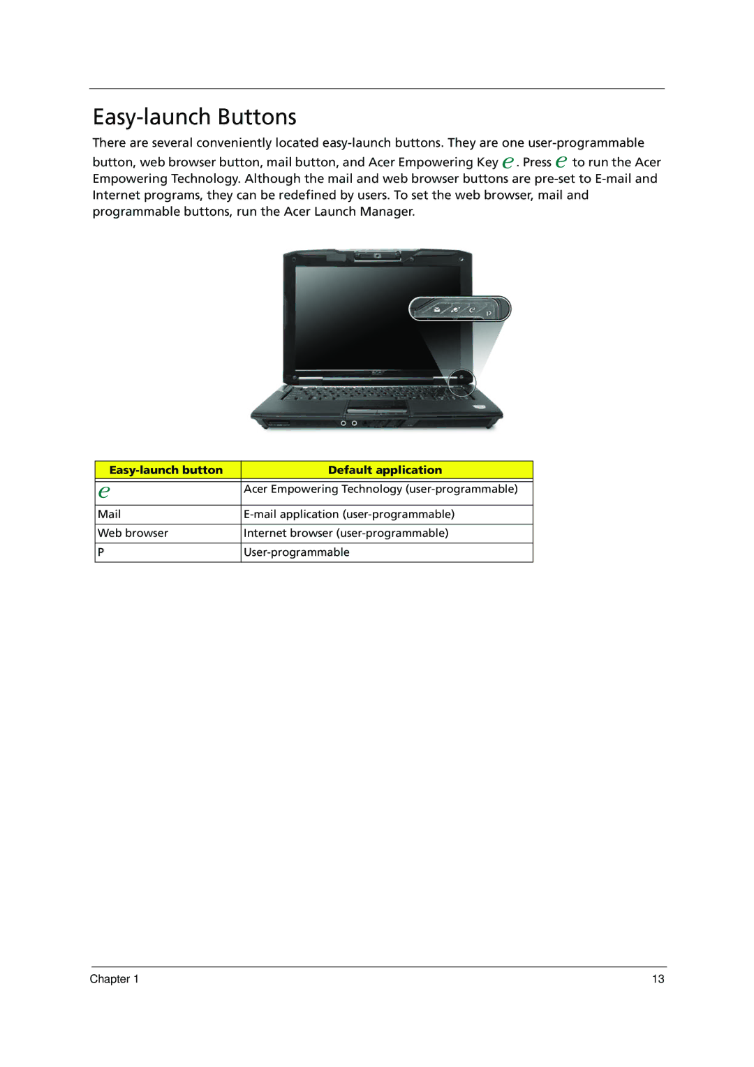 Acer 1000 manual Easy-launch Buttons, Easy-launch button Default application 