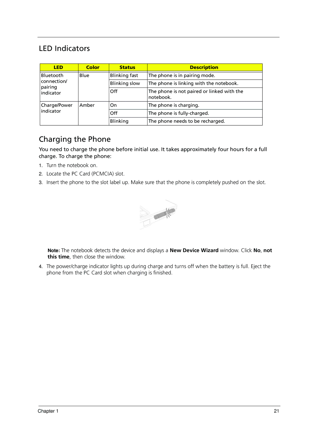 Acer 1000 manual LED Indicators, Charging the Phone, Color Status Description 