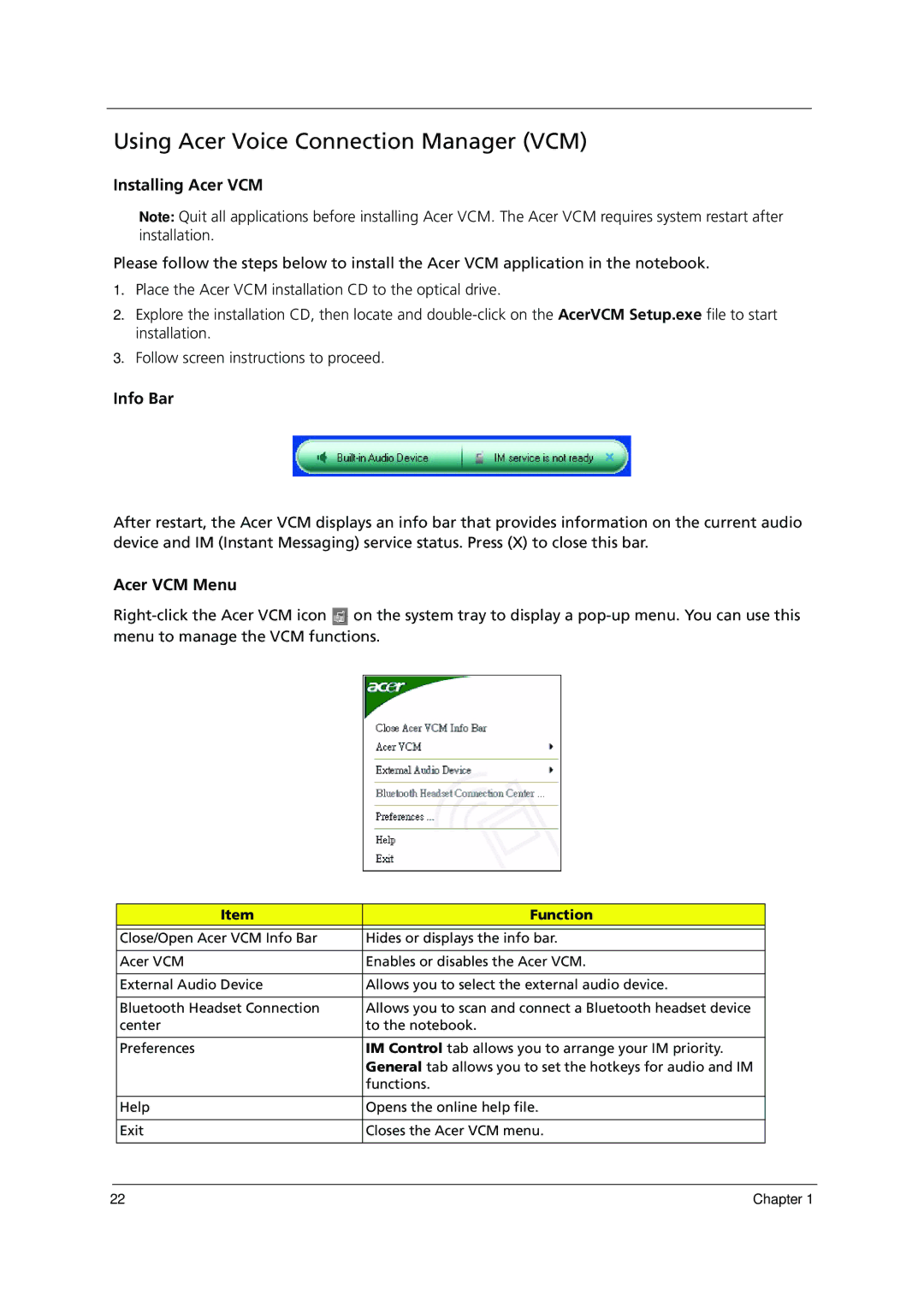 Acer 1000 manual Using Acer Voice Connection Manager VCM, Installing Acer VCM, Info Bar, Acer VCM Menu 