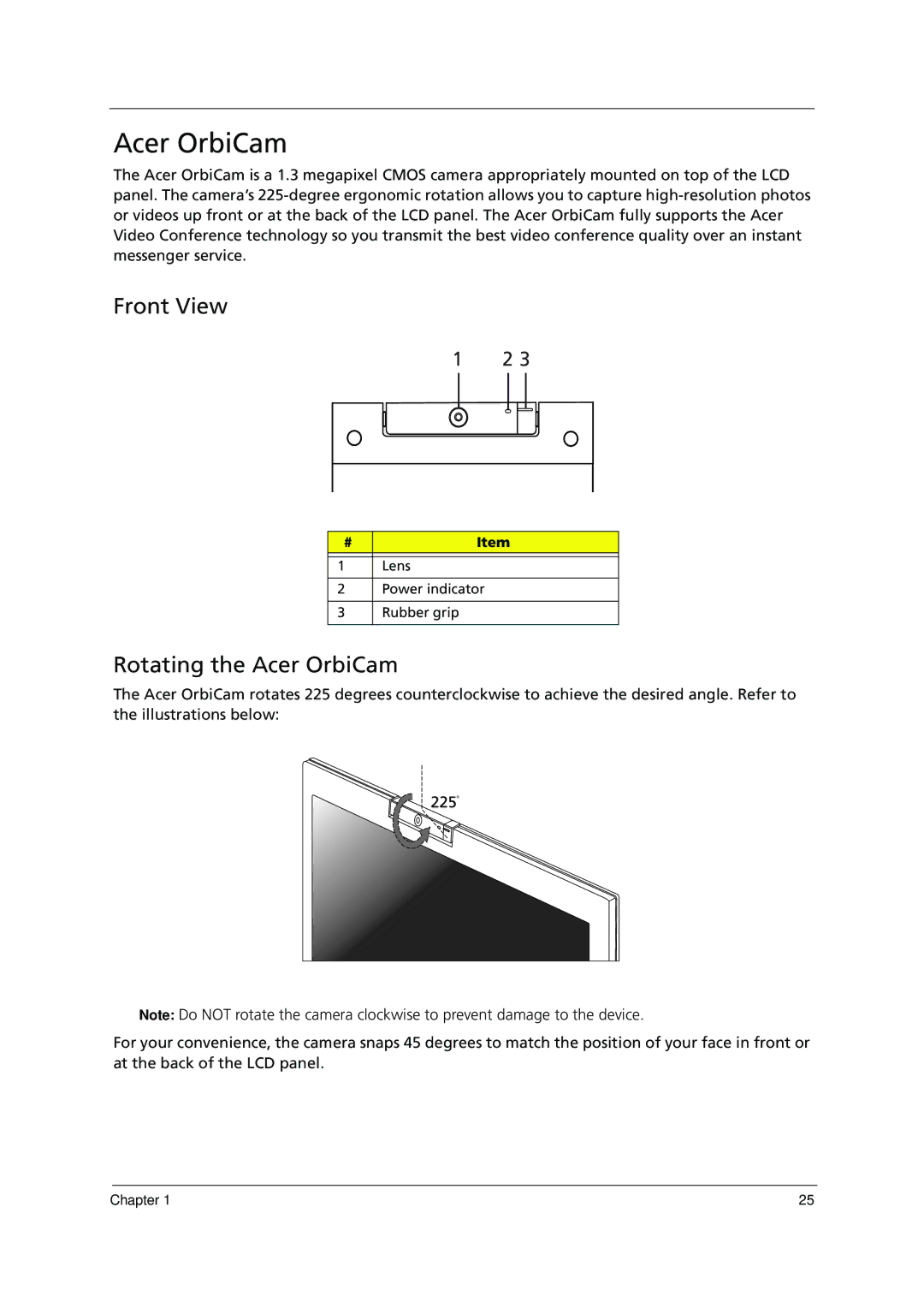 Acer 1000 manual Rotating the Acer OrbiCam 