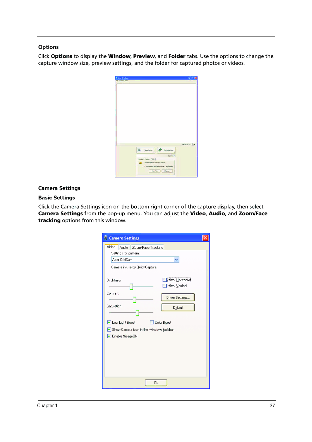 Acer 1000 manual Options, Camera Settings 