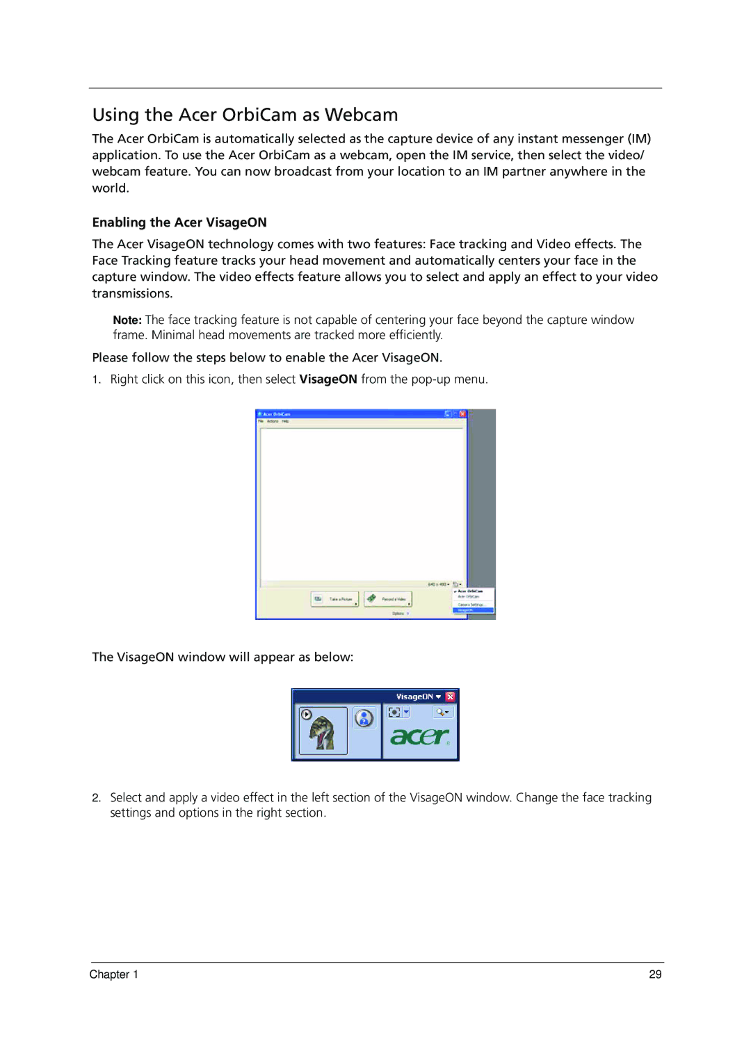 Acer 1000 manual Using the Acer OrbiCam as Webcam, Enabling the Acer VisageON 