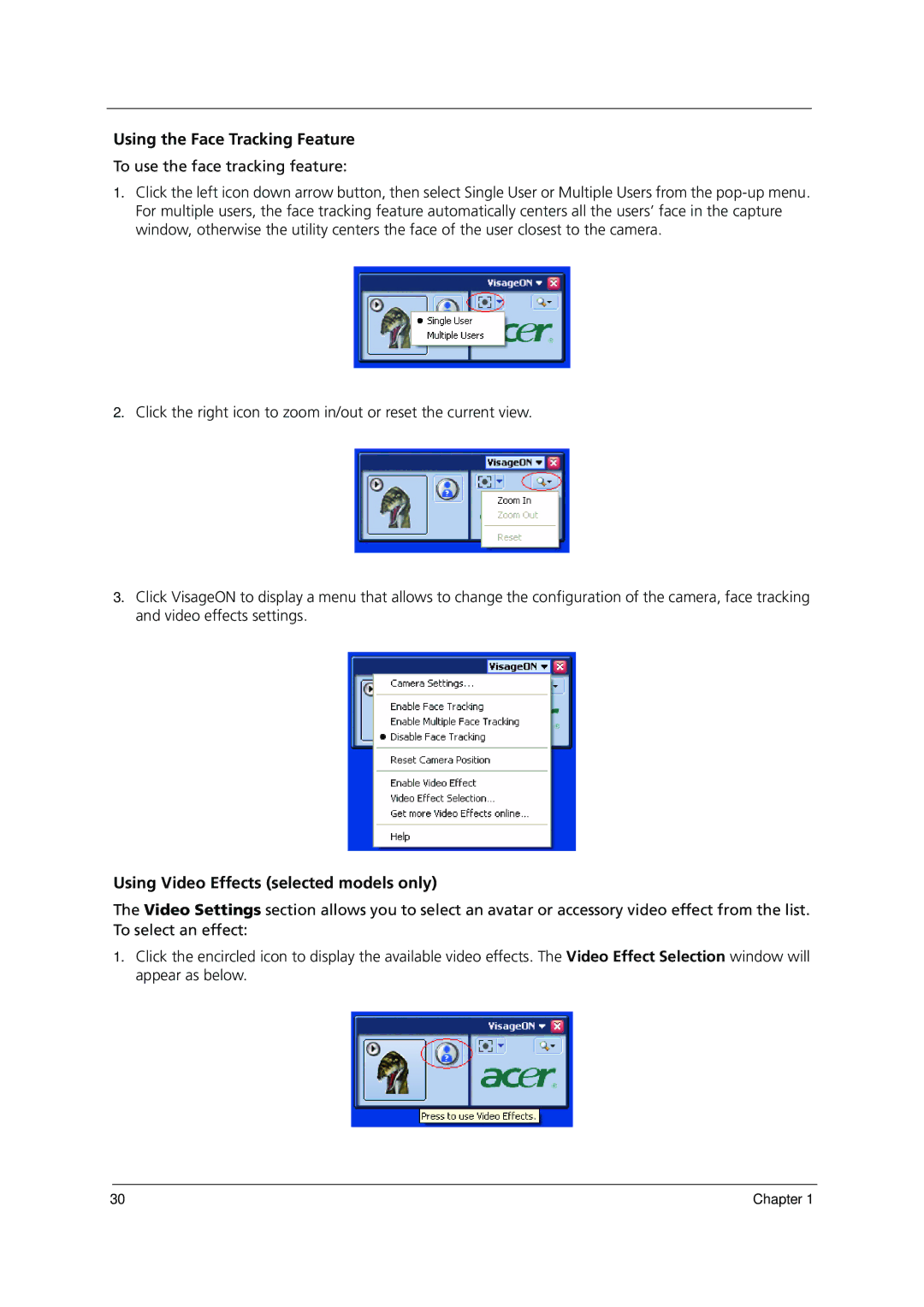 Acer 1000 manual Using the Face Tracking Feature, Using Video Effects selected models only 