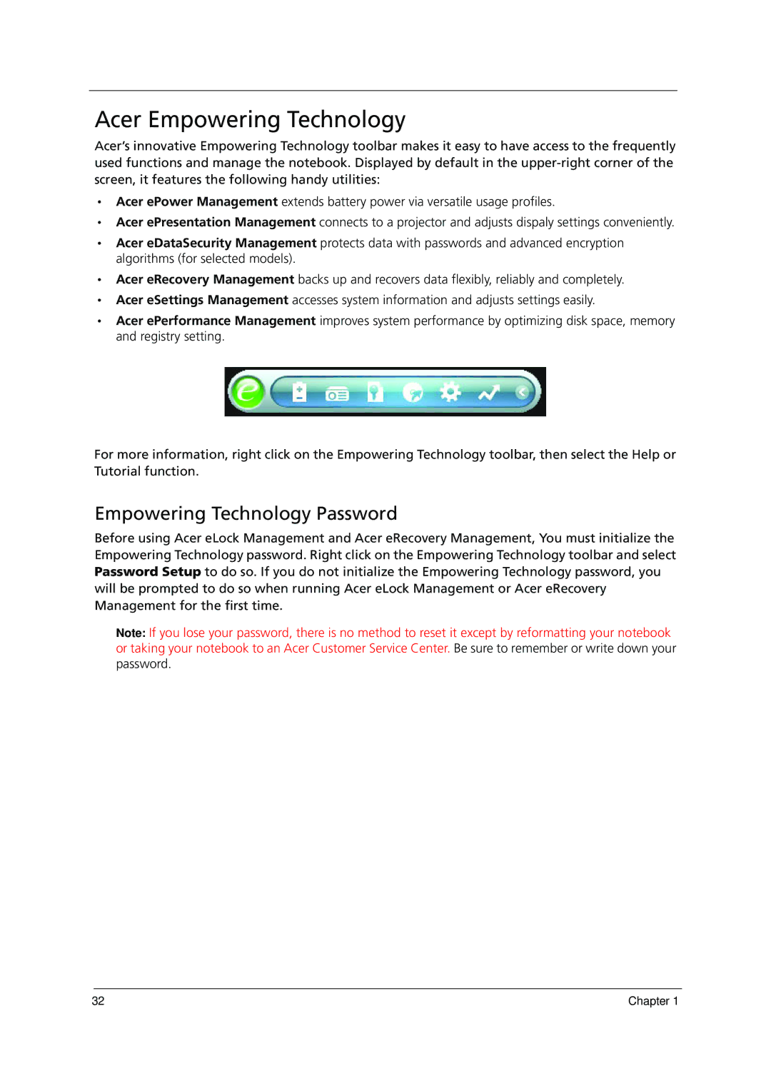 Acer 1000 manual Acer Empowering Technology, Empowering Technology Password 