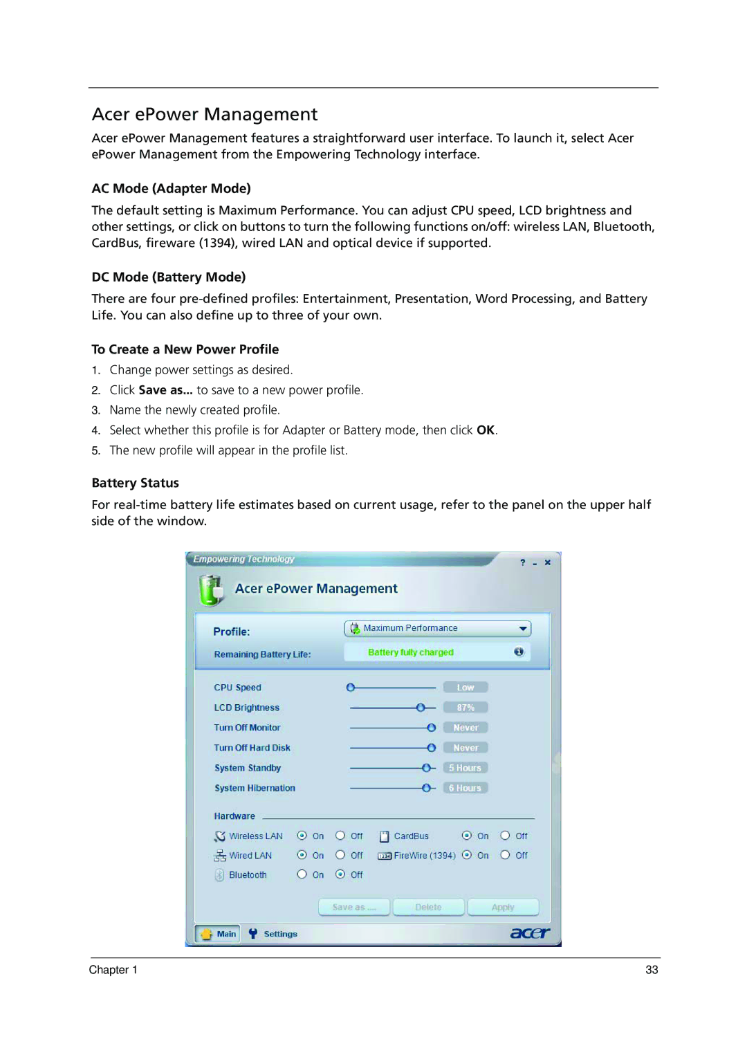 Acer 1000 manual Acer ePower Management, AC Mode Adapter Mode, DC Mode Battery Mode, To Create a New Power Profile 