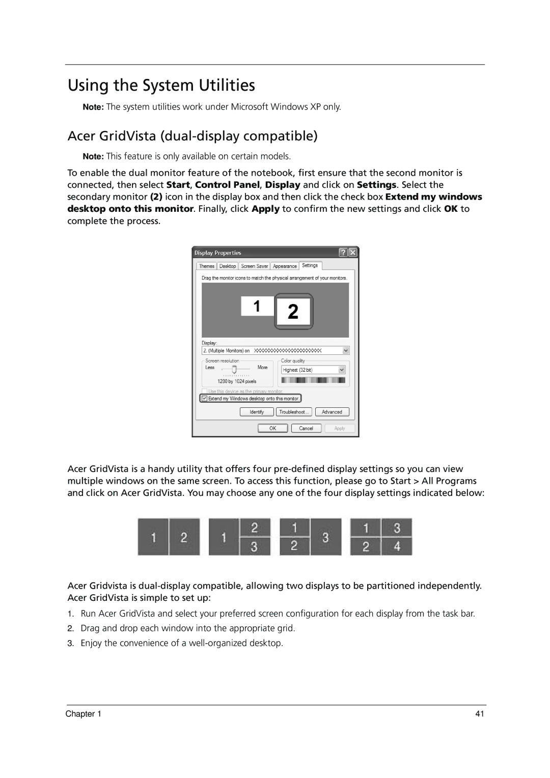 Acer 1000 manual Using the System Utilities, Acer GridVista dual-display compatible 