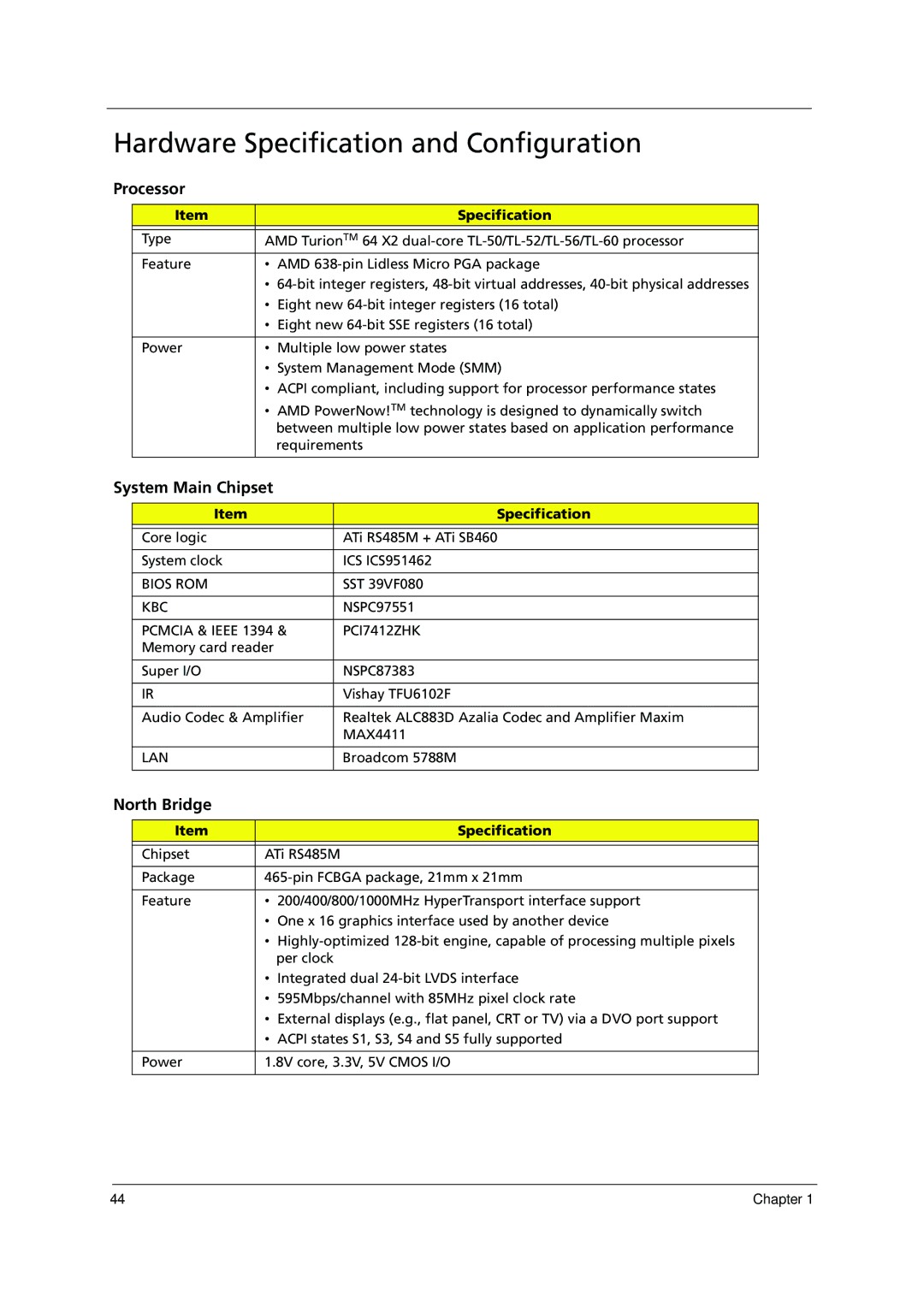 Acer 1000 manual Hardware Specification and Configuration, Processor, System Main Chipset, North Bridge 