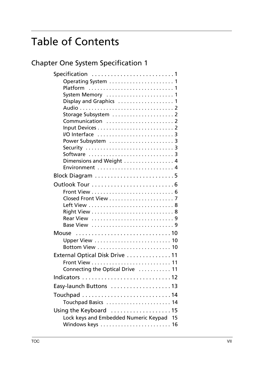 Acer 1000 manual Table of Contents 