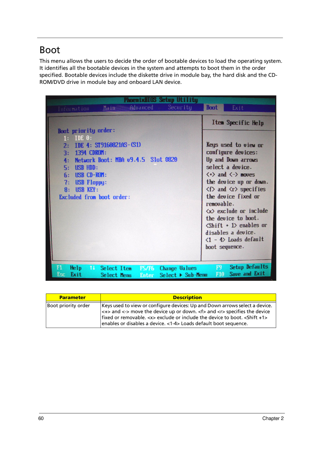 Acer 1000 manual Boot, Parameter Description 