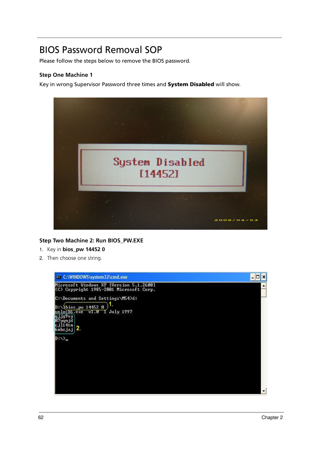 Acer 1000 manual Bios Password Removal SOP, Step One Machine, Step Two Machine 2 Run BIOSPW.EXE 