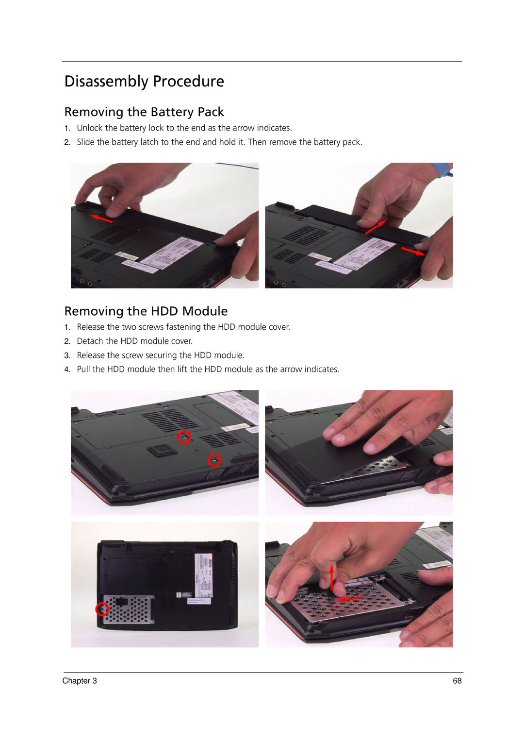 Acer 1000 manual Disassembly Procedure, Removing the Battery Pack, Removing the HDD Module 