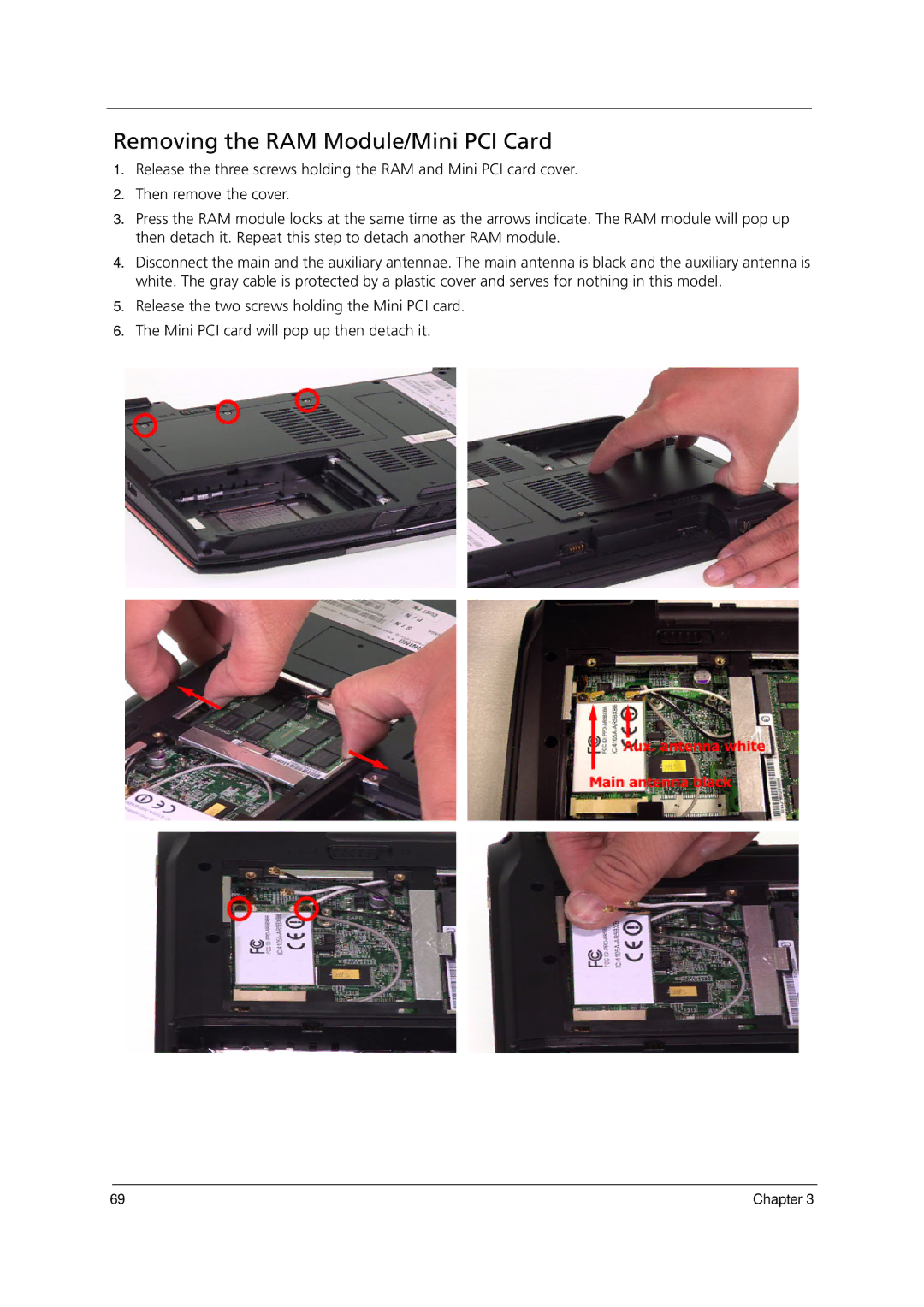 Acer 1000 manual Removing the RAM Module/Mini PCI Card 