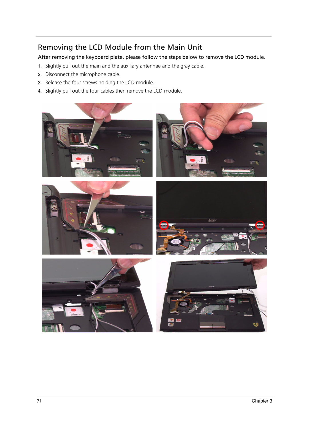 Acer 1000 manual Removing the LCD Module from the Main Unit 