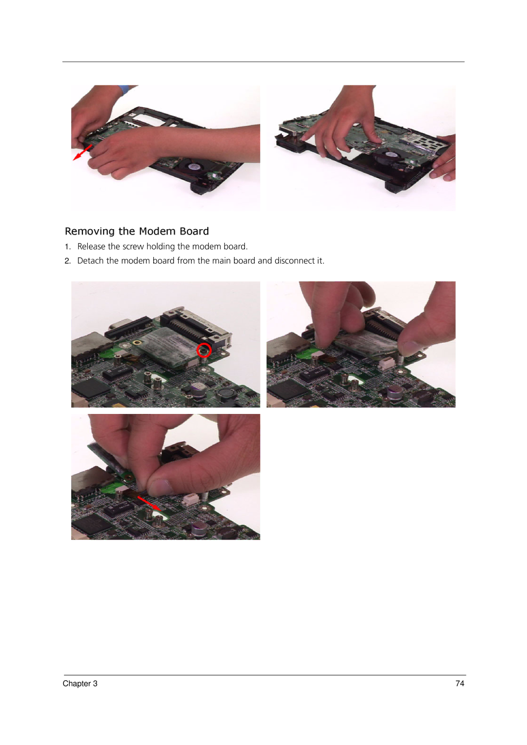 Acer 1000 manual Removing the Modem Board 