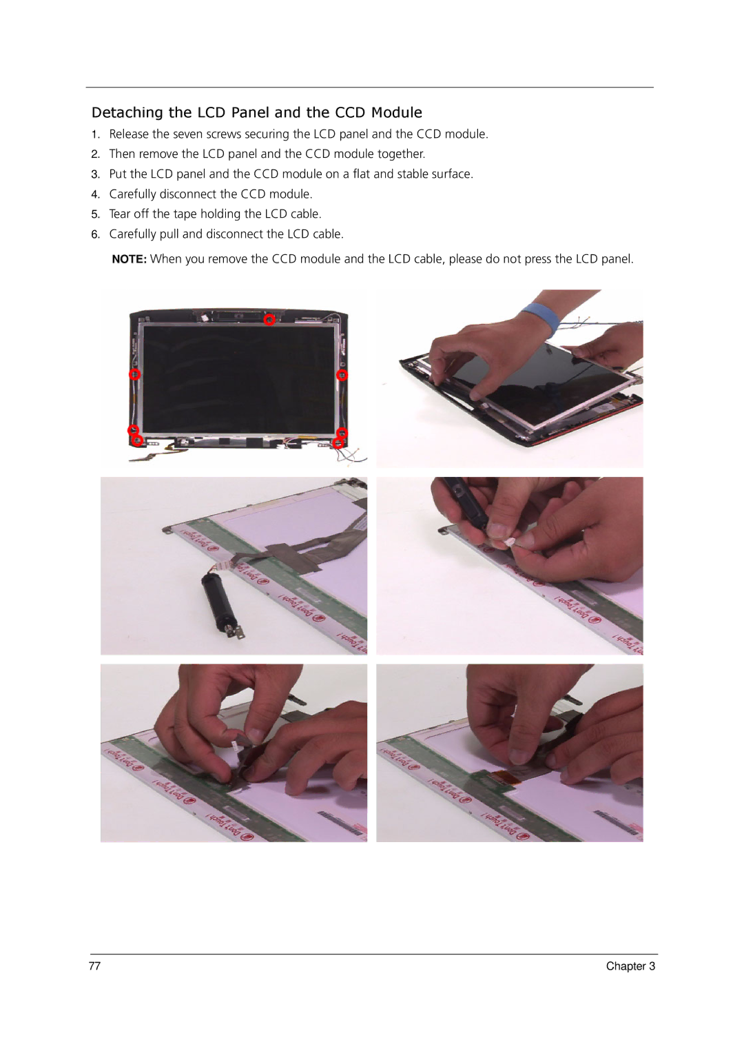 Acer 1000 manual Detaching the LCD Panel and the CCD Module 