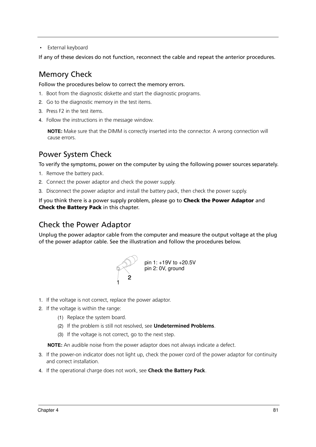 Acer 1000 manual Memory Check, Power System Check, Check the Power Adaptor 