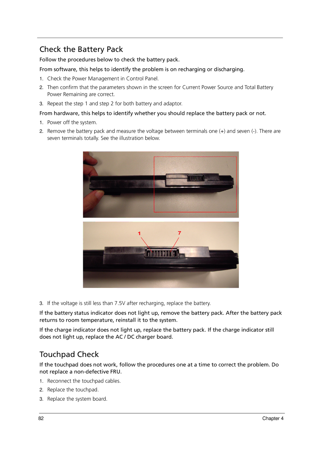 Acer 1000 manual Check the Battery Pack, Touchpad Check 