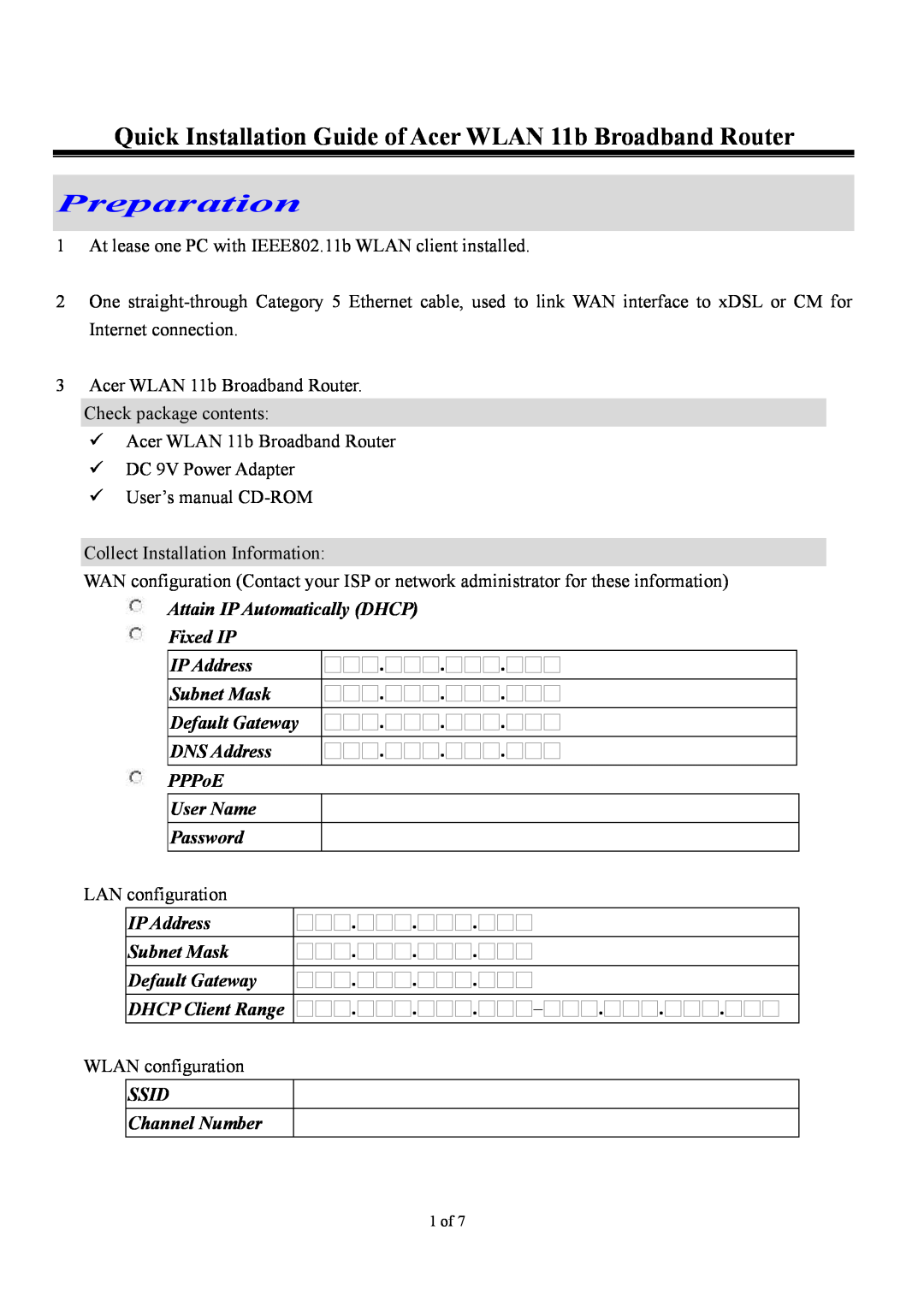 Acer user manual Quick Installation Guide of Acer WLAN 11b Broadband Router, Preparation, IP Address, Subnet Mask, Ssid 