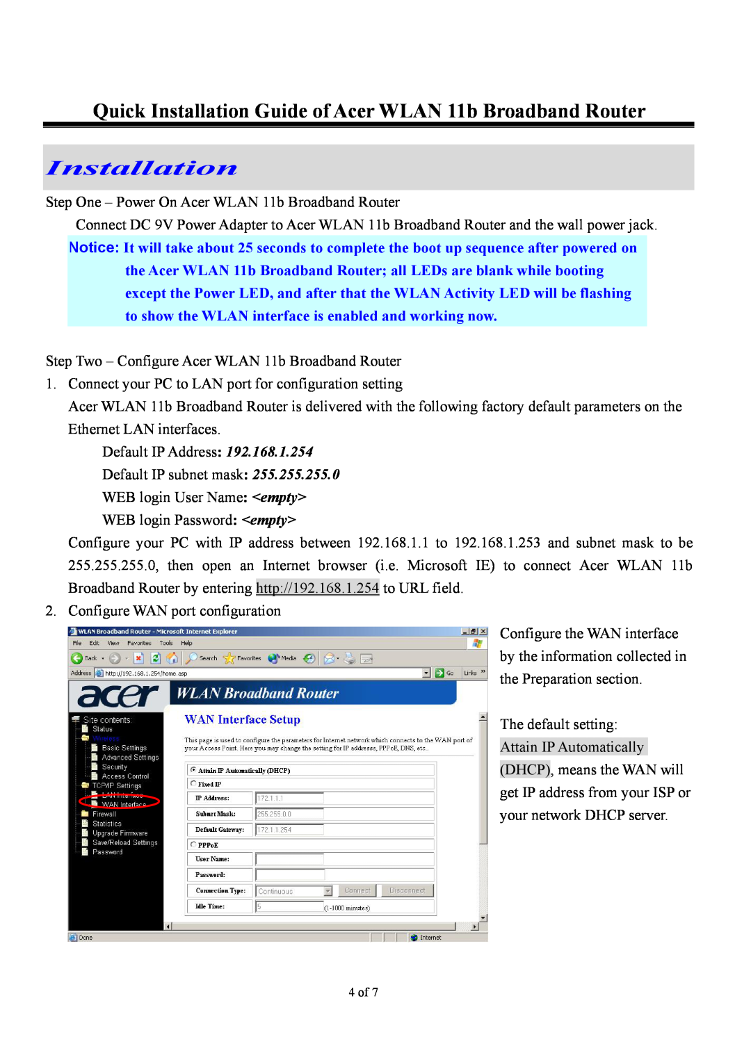 Acer user manual Quick Installation Guide of Acer WLAN 11b Broadband Router 