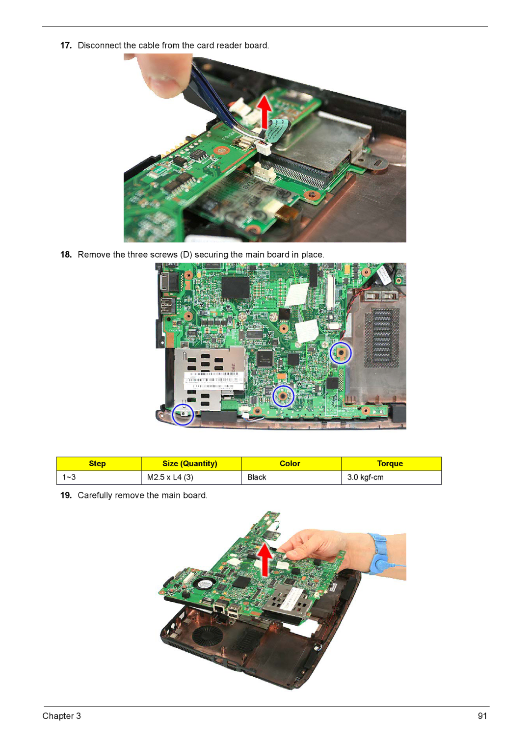 Acer 1200 manual Carefully remove the main board Chapter 