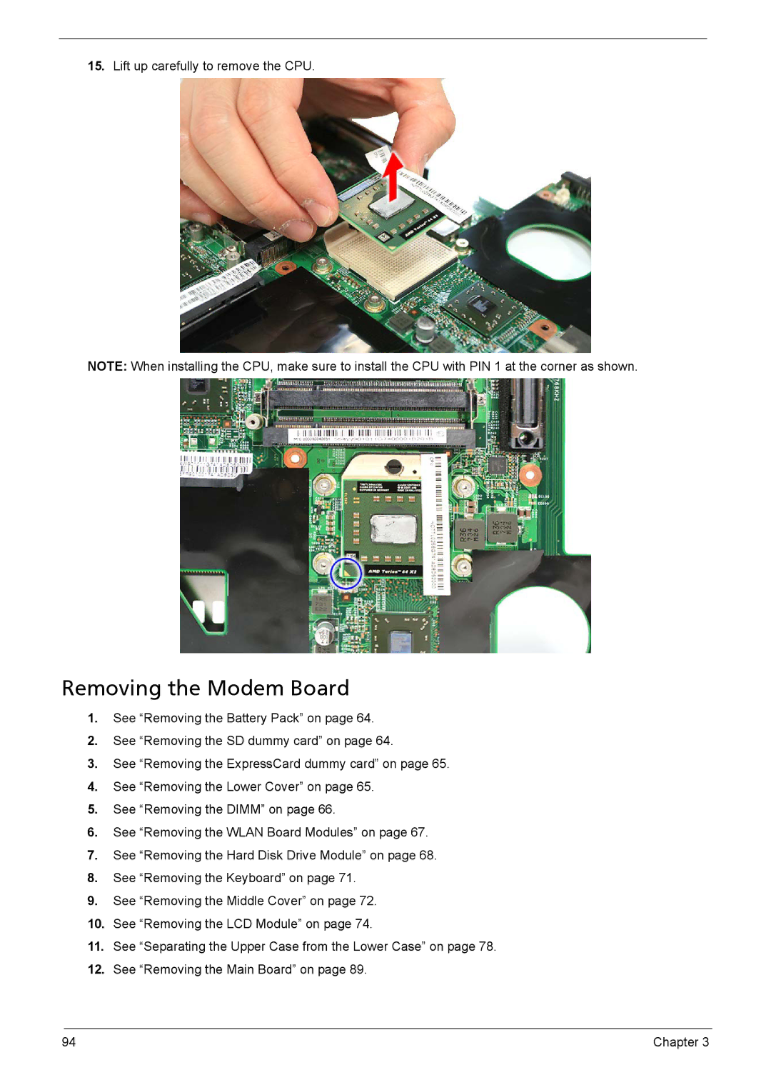 Acer 1200 manual Removing the Modem Board 