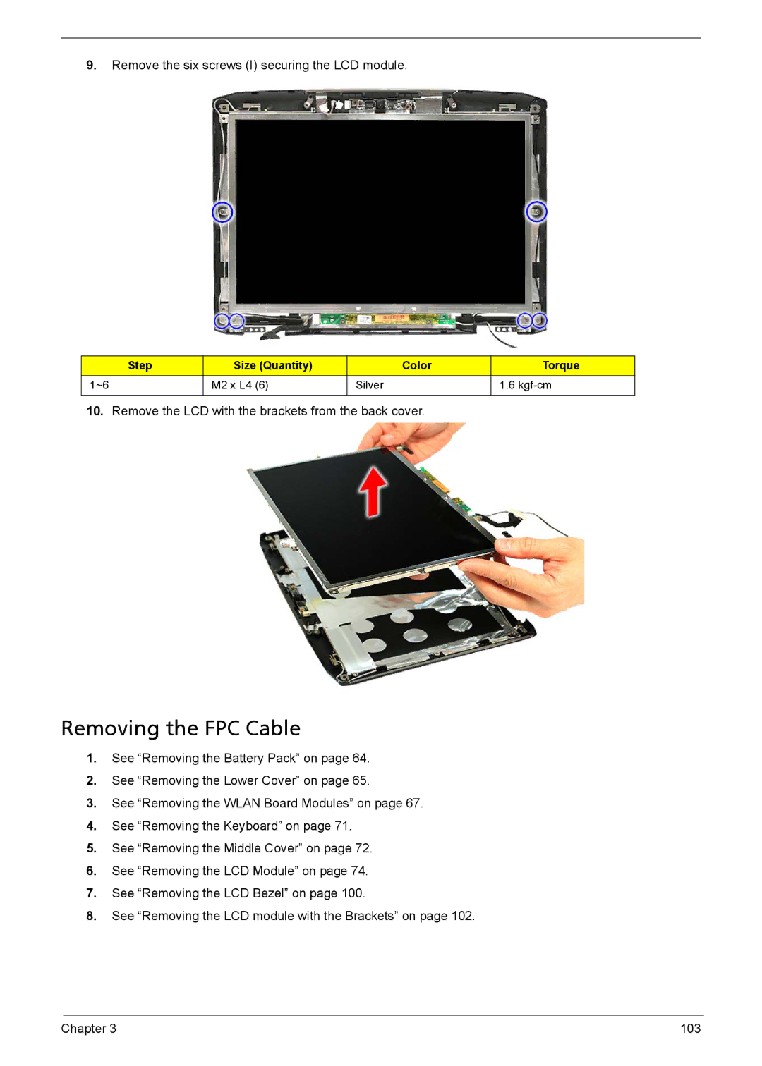 Acer 1200 manual Removing the FPC Cable 